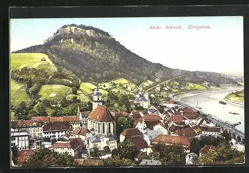 AK Königstein (sächs. Schweiz), Gesamtansicht mit der Elbe