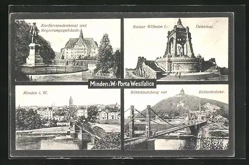 AK Minden i.W., Ortsansicht, Kurfürstendenkmal und Regierungsgebäude, Kaiser Wilhelm I.-Denkmal, Wittekindsberg