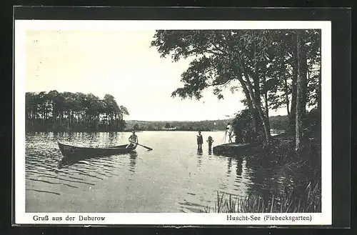 AK Duberow, Uferpartie im Fiebecksgarten am Huscht-See