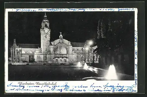 AK Wiesbaden, Hauptbahnhof bei Nacht