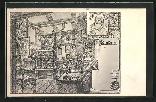 Künstler-AK Nürnberg, Original Schuster-Werkstätte mit Portrait Hans Sachs