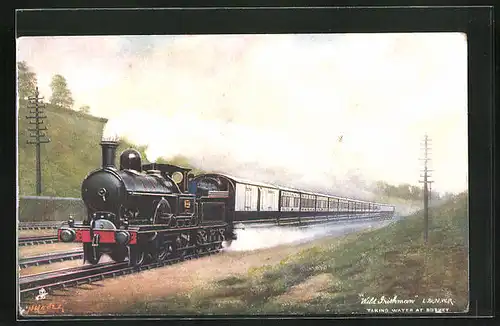 Künstler-AK Wild Irishman L. & N. W. R., taking water at Bushey, englische Eisenbahn