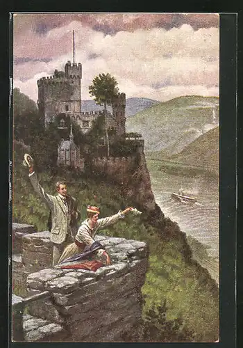 Künstler-AK Arthur Thiele: Liebespaar winkt von einer Burg am Sonntag in der Morgenstund