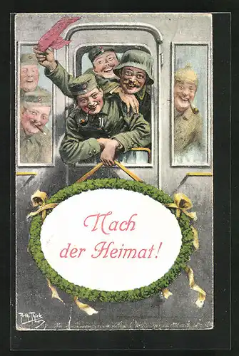 Künstler-AK Arthur Thiele: Nach der Heimat ! - Soldaten schauen aus dem Zugabteil