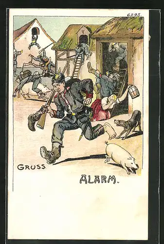 Künstler-AK Bruno Bürger & Ottillie Nr. 6295: Soldaten auf dem Bauernhof - Alarm!!