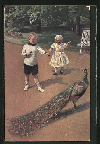 Künstler-AK sign. R. Christiansen, Kinderfreuden mit einem Pfau, Dänische Kunst