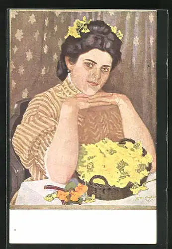 Künstler-AK G. Hirth`s Verlag, Serie XVI, 2: Junge Frau mit einem Korb Primeln