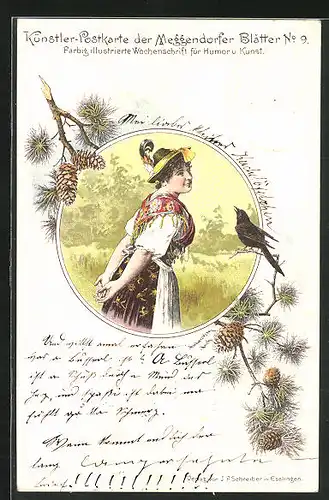 Künstler-AK Meggendorfer Blätter Nr.9: Mädchen in Tracht mit Amsel