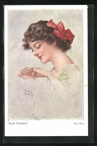 Künstler-AK Ruab Gnischaf: Hübsches Mädchen betrachtes seinen Ring