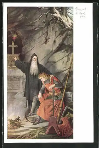 Künstler-AK sign. A. Spiess: Parsival bei dem Einsiedler über die Wunder des Grals belehrt