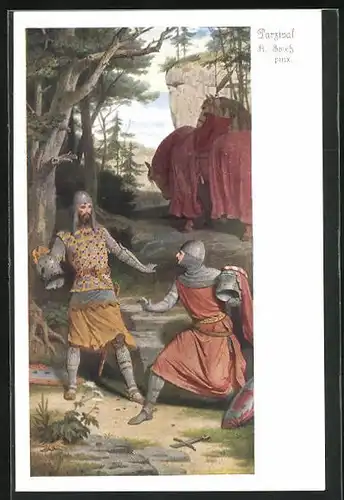 Künstler-AK sign. A. Spiess: Parsival erkennt seinen Stiefbruder Feirefiz