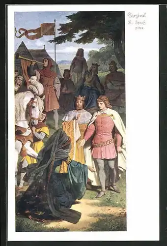 Künstler-AK sign. A. Spiess: Parsival wird durch Kundry zum Gralskönig berufen