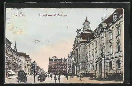 AK Karlsruhe, Kaiserstrasse mit Reichspost