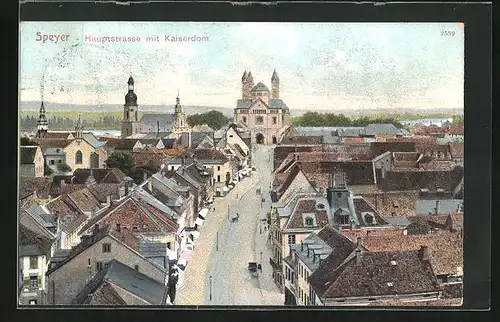 AK Speyer, Hauptstrasse mit Kaiserdom aus der Vogelschau