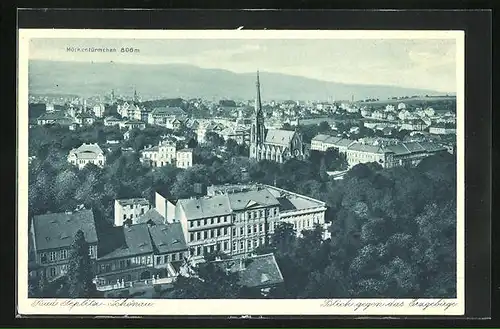 AK Teplitz Schönau / Teplice, Blick gegen das Erzgebirge mit Mückentürmchen