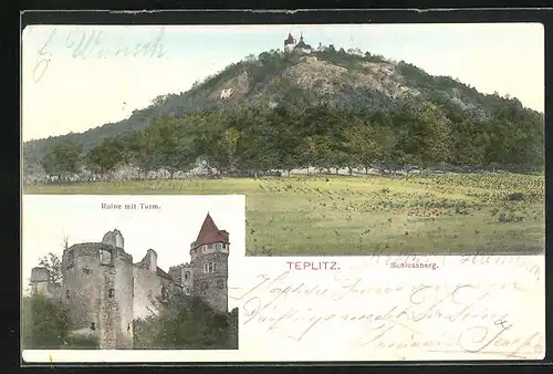 AK Teplitz Schönau / Teplice, Schlossbergpanorama und Ruine mit Turm