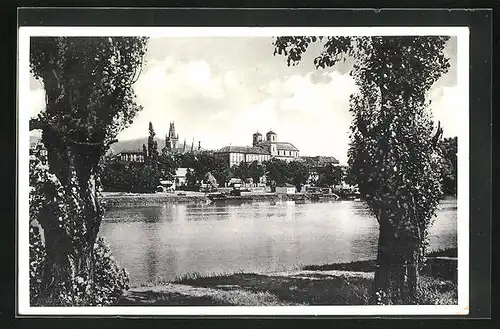 AK Leitmeritz / Litomerice, Partie am Elbeufer, Blick zur Kirche in der Stadt