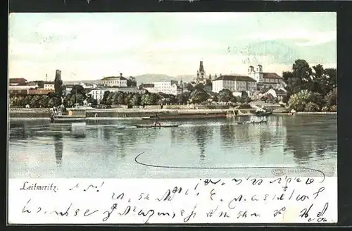 AK Leitmeritz / Litomerice, Partie am Elbeufer, Stadtansicht mit der Kirche