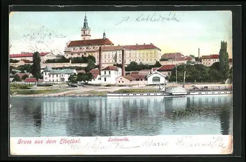 AK Leitmeritz / Litomerice, Ausflugsdampfer König Georg am Elbeufer