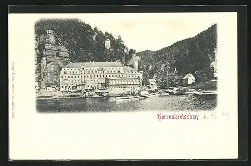 AK Herrnskretschen / Hrensko, Ausflugsdampfer am Ufer des Flusses