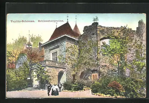 AK Teplitz Schönau / Teplice, Passanten an der Schlossbergruine