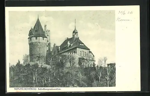 AK Teplitz Schönau / Teplice, Blick auf die Schlossbergrestauration