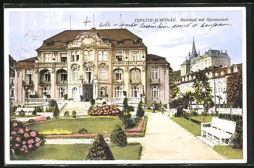 AK Teplitz Schönau / Teplice, Steinbad mit dem Gymnasium, in den Anlagen