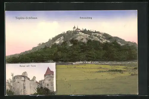 AK Teplitz Schönau / Teplice, Blick auf den Schlossberg, Ruine mit Turm