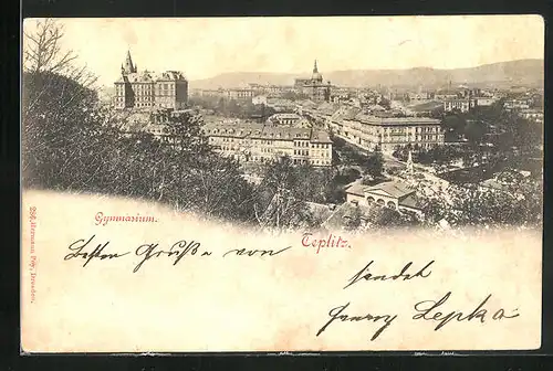 AK Teplitz Schönau / Teplice, Stadtansicht mit dem Gymnasium