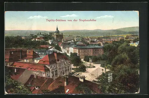 AK Teplitz Schönau / Teplice, Stadttotale mit dem Schloss von der Stephanshöhe aus