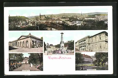 AK Teplitz Schönau / Teplice, Steinbad und Siegesdenkmal, Schlossgarten, Schlangenbad, Stadttotale, Herrenhausbäder