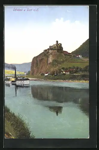 AK Aussig / Usti, Strekov, Ausflugsdampfer unter Burg Schreckenstein