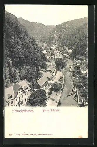 AK Herrnskretschen / Hrensko in der Böhm. Schweiz, Totale am Fluss im Tal