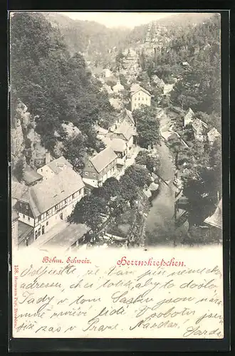 AK Herrnskretschen / Hrensko, Generalansicht der Ortschaft, Blick über den Fluss