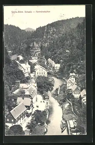 AK Herrnskretschen / Hrensko, Blick entlang des Flusses über die Stadt