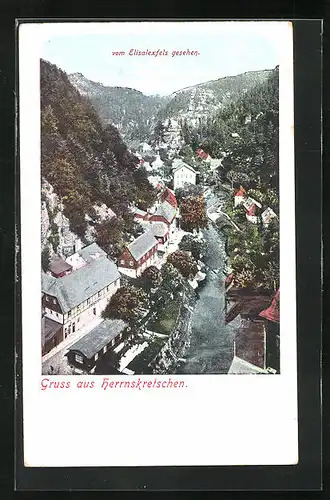 AK Herrnskretschen / Hrensko, Stadtansicht mit dem Fluss vom Elisalexfels aus gesehen