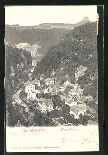 AK Herrnskretschen / Hrensko, Generalansicht der Stadt im Tal mit dem Fluss