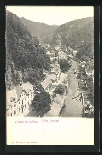 AK Herrnskretschen / Hrensko, Böhm. Schweiz, Boote am Fluss, Blick über die Ortschaft