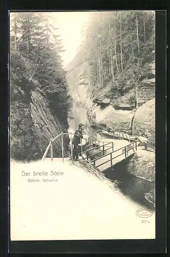 AK Edmundsklamm, Wanderer am breiten Stein in der Böhm. Schweiz