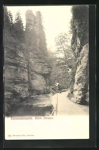 AK Edmundsklamm Böhm. Schweiz, auf dem Weg in der felsigen Schlucht