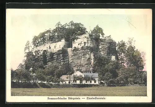 AK Bürgstein, vor dem Einsiedlerstein, die Burg auf dem Felsen