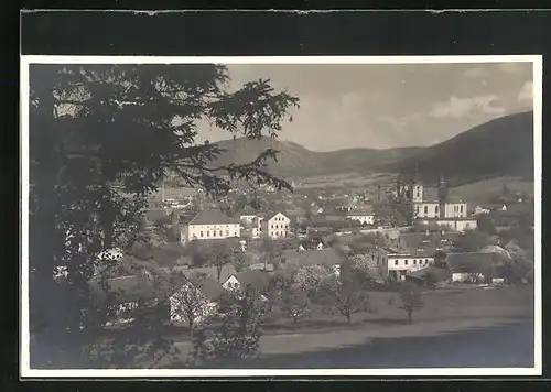 AK Haindorf / Hejnice, Stadtansicht mit der Klosterkirche vom Waldrand aus