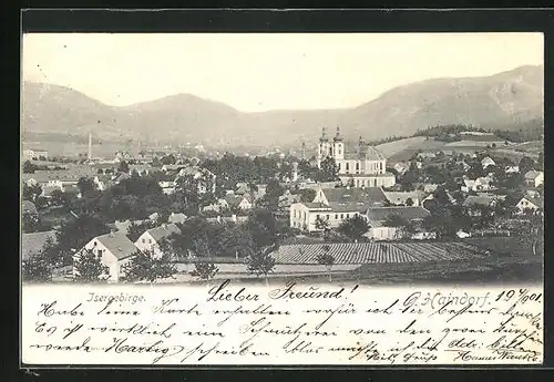 AK Haindorf / Hejnice, Blick über die Felder auf die Stadt und die Klosterkirche