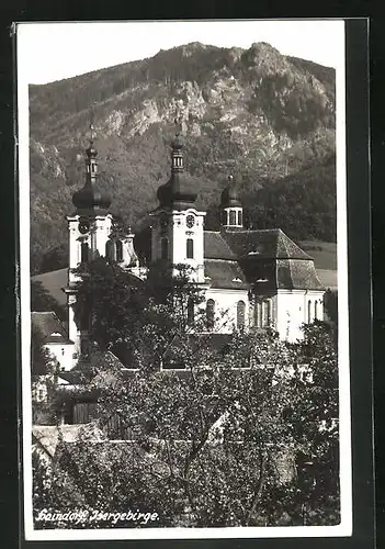 AK Haindorf / Hejnice, Isergebirge, Partie an der Wallfahrtskirche, Blick auf die Felsen