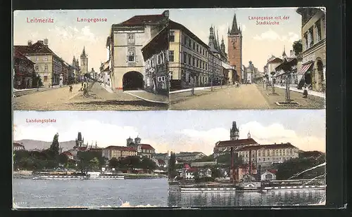 AK Leitmeritz / Litomerice, Langegasse, die Stadtkirche, am Landungsplatz