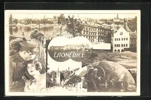 AK Leitmeritz / Litomerice, Kirche am Marktplatz, Blick auf den Landungsplatz, das Rathaus, junger Soldat mit Frau