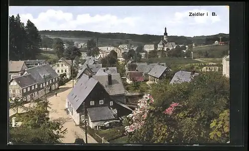 AK Zeidler i. B., Blick über die Ortschaft zur Kirche