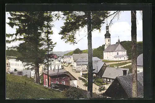AK Zeidler i. B., Blick vom Waldrand zur Kirche am Ortsrand