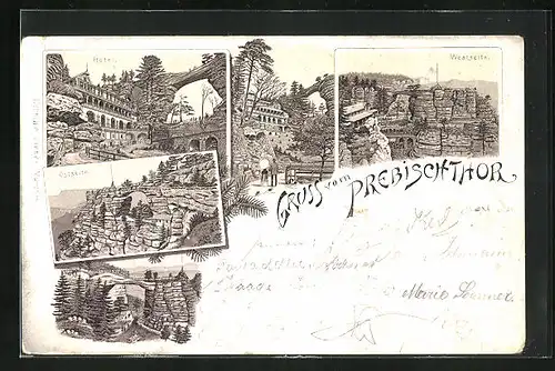 Lithographie Hrensko, das Prebischthor, Westseite, Ostseite und Hotel