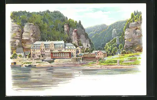 Lithographie Herrnskretschen / Hrensko, Blick zum Gasthaus am Ufer unter den Felsen